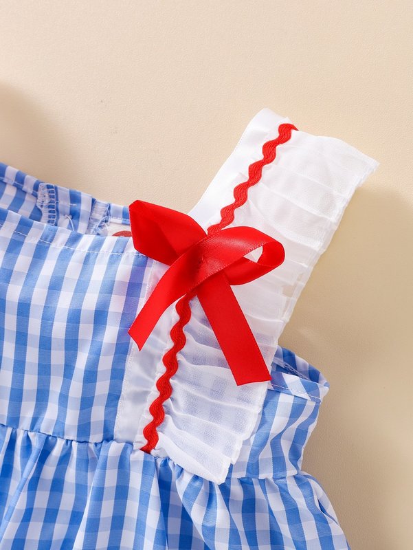 Baby Gingham Bow Front Ruffle Trim Contrast Tape Cami Dress SHE