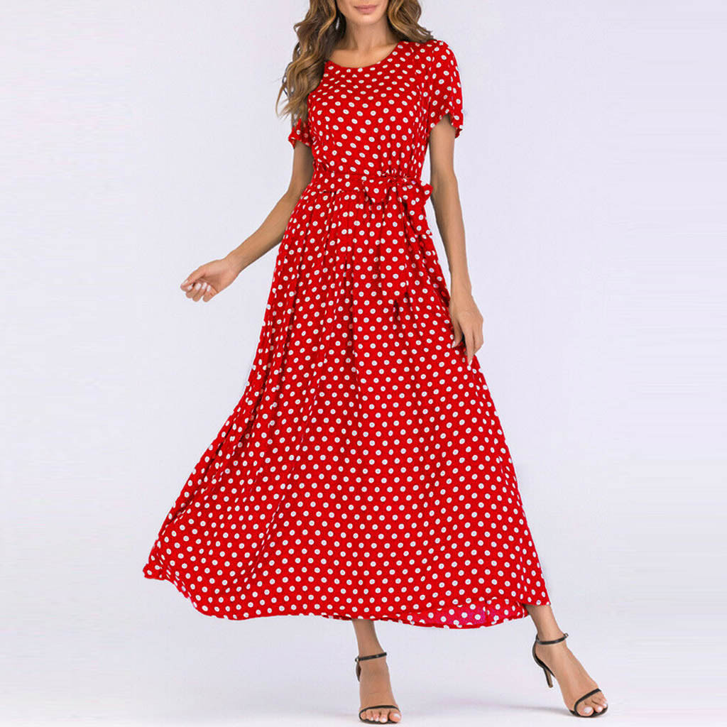 Summer Dress Women O-Neck Short Sleeve Boho Polka Dot Bandage Maxi Long Dress Women Beach Sundress Plus Size Vestidos T200604