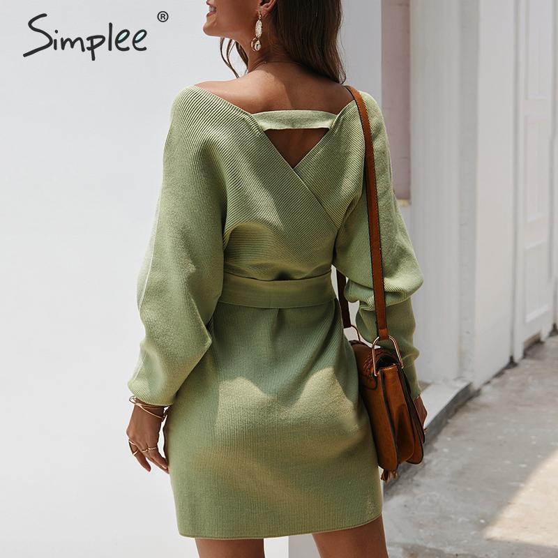 Simplee Women mini sweater dress Wrap high waist v-neck belt knitted dress Casual ladies autumn winter vintage office sexy dress 201125