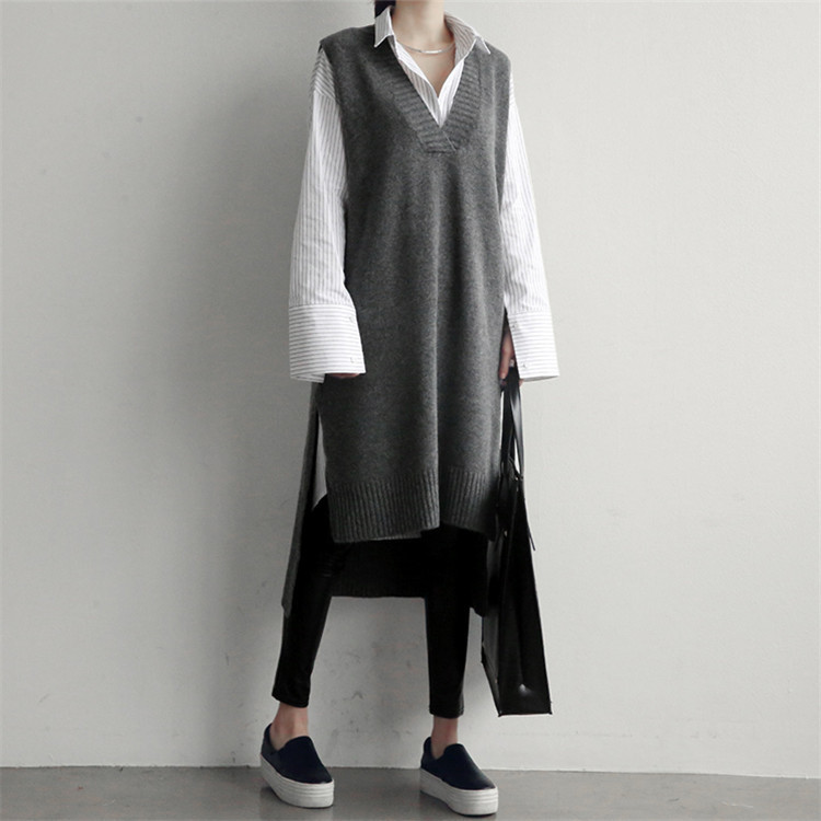 Korean INS wind sweater vest short front and back long vest skirt knitted V-neck thickened mid-length sweater skirt 201203