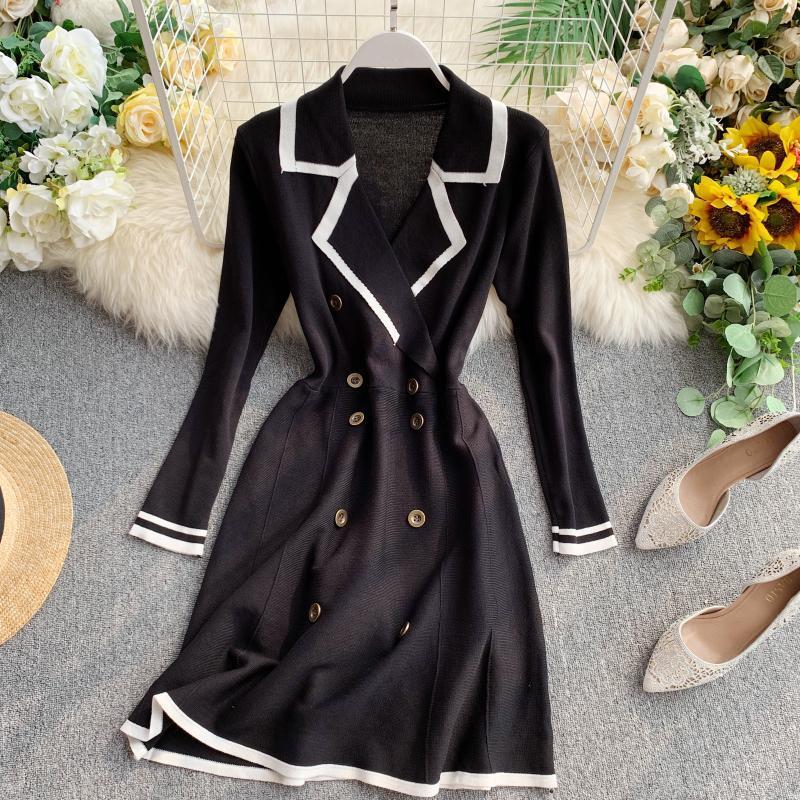 ALPHALMODA Retro Autumn Dress New Lapel Collar Longsleeved Dress Doublerow Buttondown Slim OL Casual Knit Dress T200416