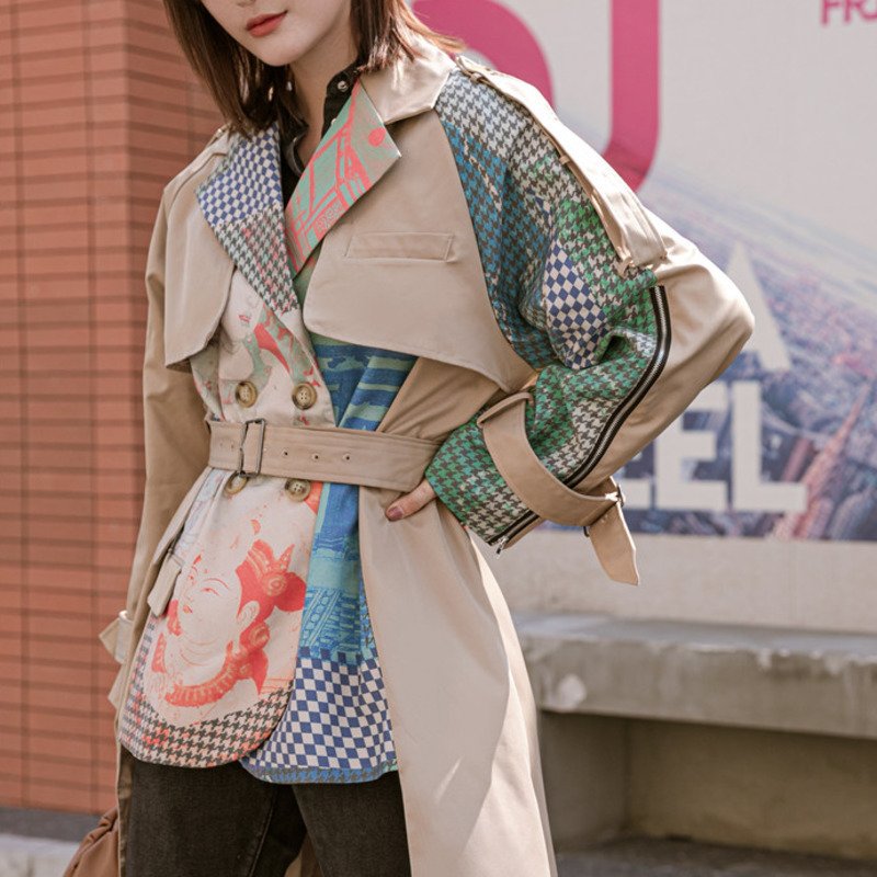TVVOVVIN Spring New Long-sleeved Abstract Pattern Printing Stitching Fashion Ladies Irregular Hem Khaki Trench Coat KBV8 201102