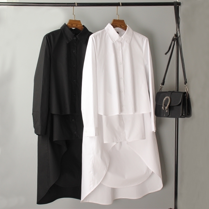 [EWQ] Summer New Turn-down Collar Long Sleeve Asymmetrical Large Size High Quality Shirt Top Loose Trend Women Blouse QH324 201125