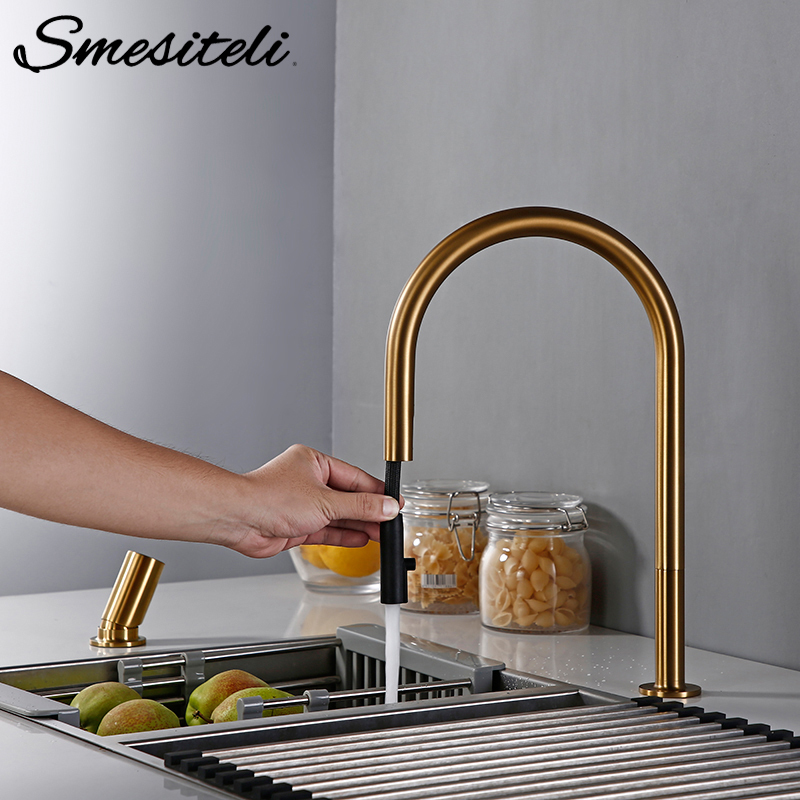 Smesiteli New Faucet Invisible Pull Out Sprayer Head Double Hole Single Handle And Cold Solid Brass Kitchen Sink Mixer Tap T208255589
