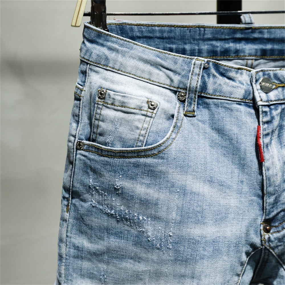 Triple Stitching Large Leather Label Soft Cotton Loose Scratch Trousers Holes Red Ears 201128