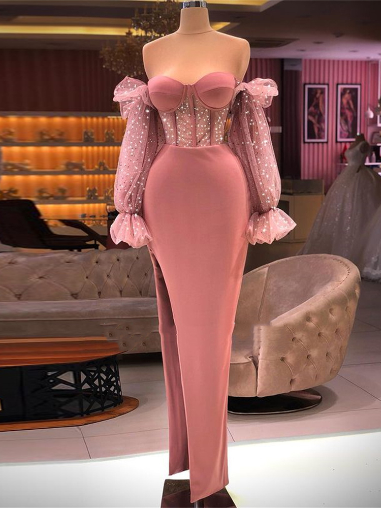 2022 Sparkly Black Sheath Formal Evening Dresses Illusion Corset Long Sleeve Night Prom Dress Sweetheart Off Shoulder Exposed Boning High Slit Pageant