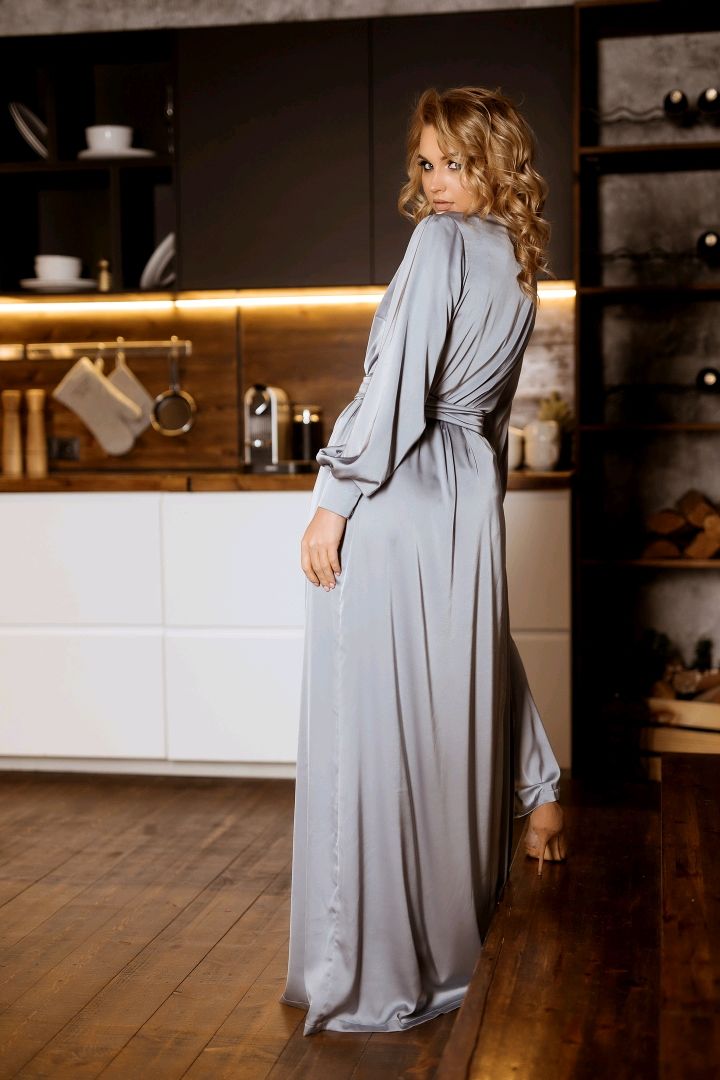 Elegant Spring Silk Long Sleeve Grey Women Sexy V Neck Kimono Pregnant Party Sleepwear Bathrobe Sheer Nightgown Robe