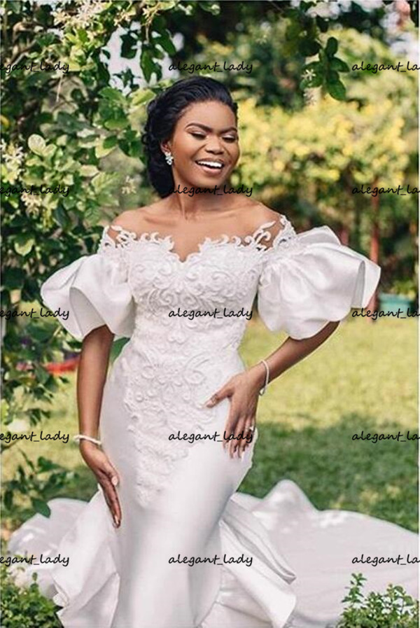 African Mermaid Wedding Dresses 3D-Floral Applique Lace Ruffles Satin Bridal Gown Sweep Train Custom Made Robe De Mariee