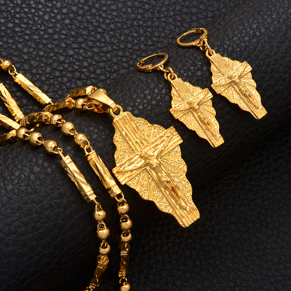Anniyo Hawaii Jesus Jewelry Set Cross Pendant Necklaces Earrings Women Girls Gold Color Guam Micronesia Chuuk Pohnpei #212306 201222