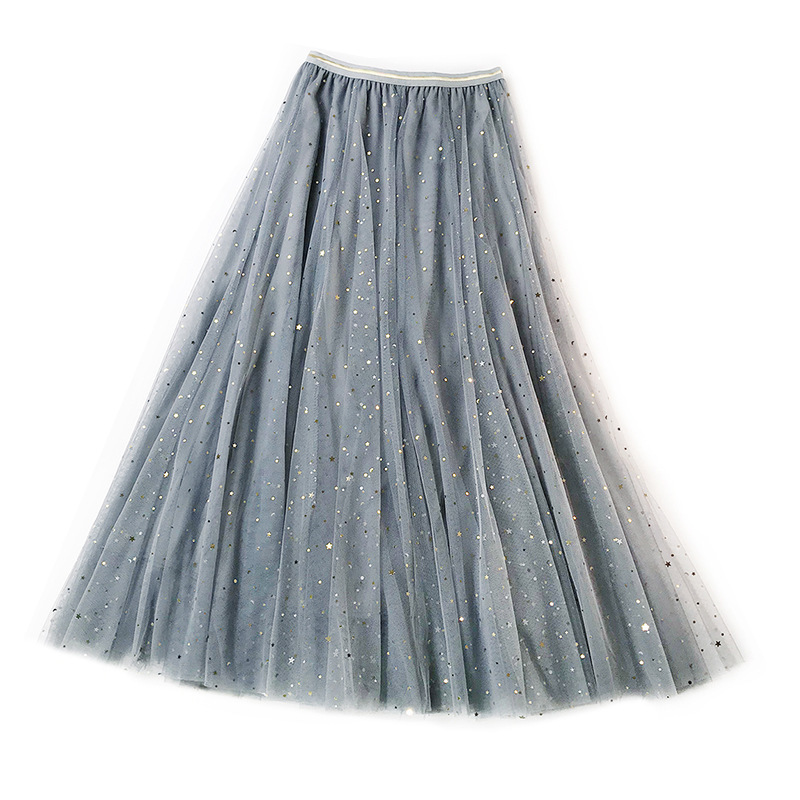 New Spring Tulle Skirts Womens Fashion Shining Star Mesh Tutu Skirt Pleated Long Skirts Midi Skirt Saias Faldas Jupe Femme T200324