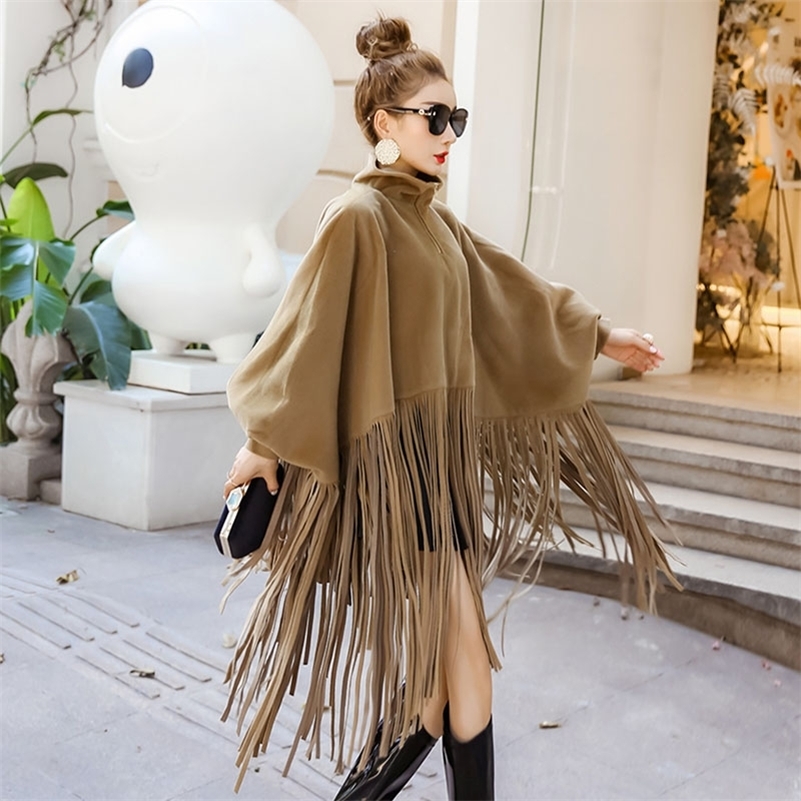 New Spring Autumn Black Jacket Loose Tassels Turtleneck Long Sleeve Cape Coat Women Fashion Plus Size Ponchos Y201001