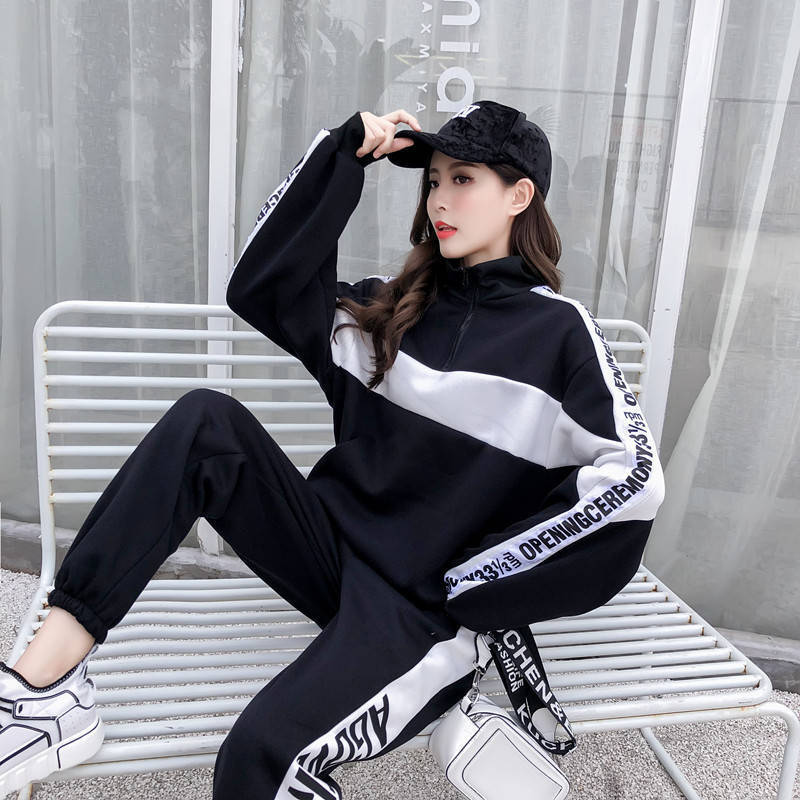 Fashion Tracksuit For Women Korean Version Plus Velvet Sweater Female Tracks Loose Large Size Women's Casual Sports Two-Piece 201119