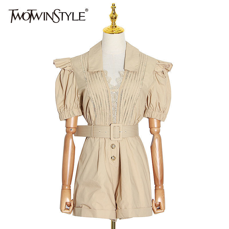 TWOTWINSTYLE Elegant Patchwork Lace Women Short Jumpsuit V Neck Lantern short Sleeve High Waist With Sashes Playsuits Female New T200704, Black
TWOTWINSTYLE Elegant Patchwork Lace Women Short Jumpsuit V Neck Lantern short Sleeve High Waist With Sashes Playsuits Female New T200704, Black