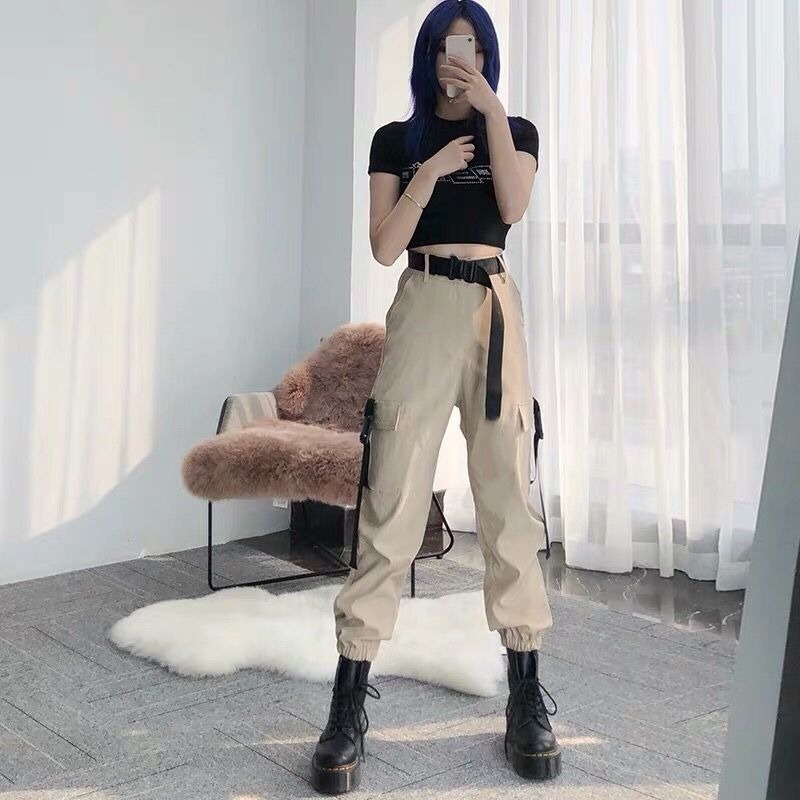 OCEANLOVE Cargo Pants Women Solid Pockets Streetwear Fashion Korean Student Casual Pantalon Femme Spring Trousers 13655 201111