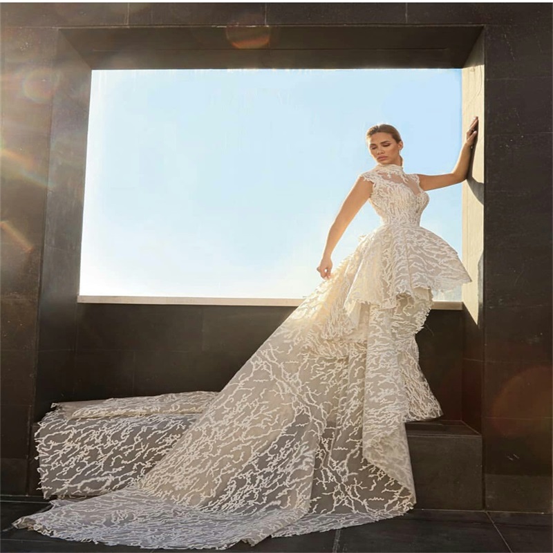 Luxury Wedding Dresses With Detachable Train Sequins High Neck Tiered Appliqued Mermaid Wedding Dress Custom Made Modern Bridal Gowns