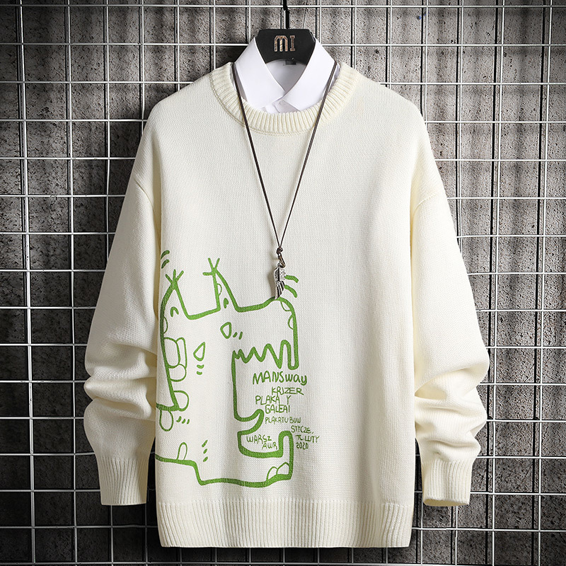 SingleRoad Mens Knitted Sweater Men Winter Anime Printed Harajuku Jumper Oversized Korean Style Pullovers White Sweater Men 201022