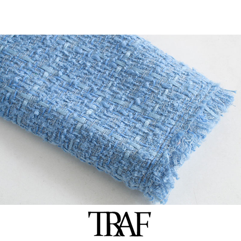 TRAF Women Fashion Office Wear Double Breasted Tweed Blazer Coat Vintage Long Sleeve Frayed Female Outerwear Chic Tops 201106