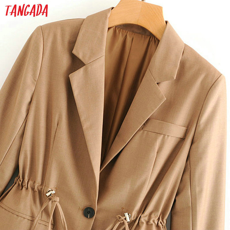 Tangada women solid blazer elegant Elastic waist sashes long jacket office ladies feminino formal suits 111 201114