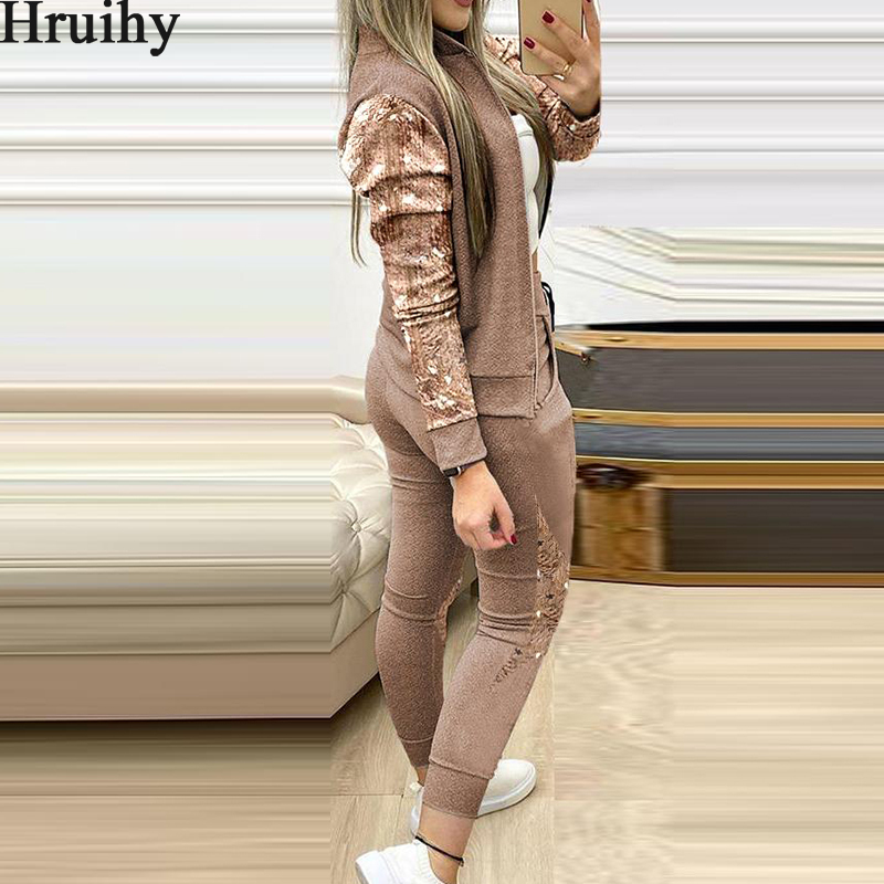 Autumn Winter Two Piece Outfits for Women Fashion Sequins Zipper Coat Tops Drawstring Pants Set Casual Tracksuit Sweat Suits T201031
