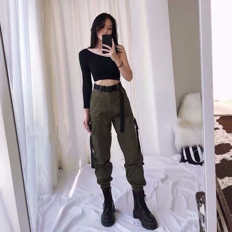 OCEANLOVE Cargo Pants Women Solid Pockets Streetwear Fashion Korean Student Casual Pantalon Femme Spring Trousers 13655 201111