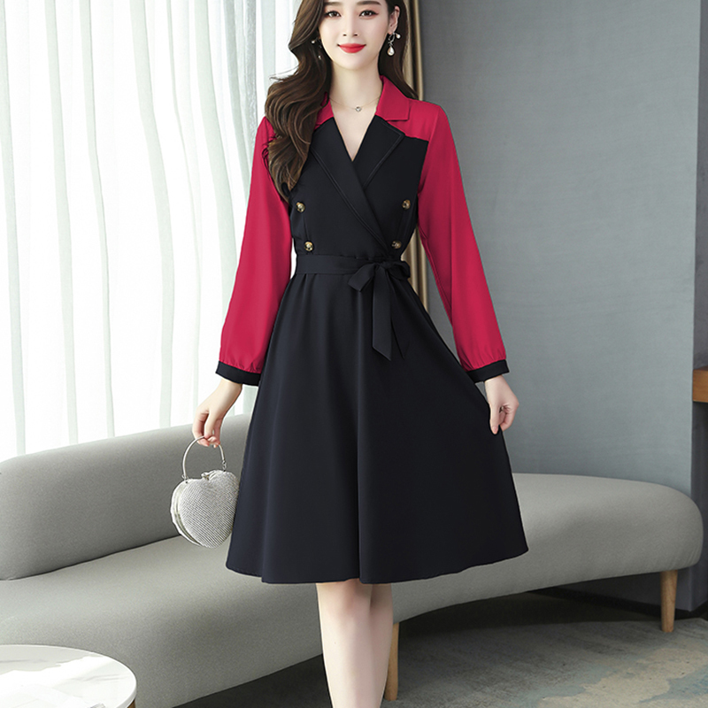 Vestido De Festa Spring Autumn Elegant Patchwork A-Line Dress Bodycon Long Sleeve Turn-down Collar Party Plus Size Dresses T200106