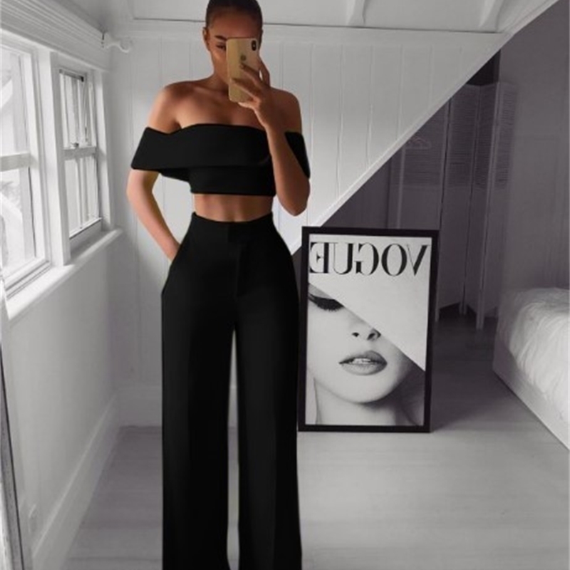 Summer white and black two-piece women's clothing wide leg pants sexy slim fit top pants fashionable sports suit