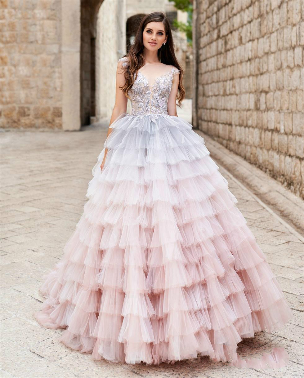 Gorgeous A Line Wedding Dresses Tiered Tulle Ruffles Lace Applique Beads Bridal Gowns Gray Pink Blush Sexy Backless Robes De Mariée