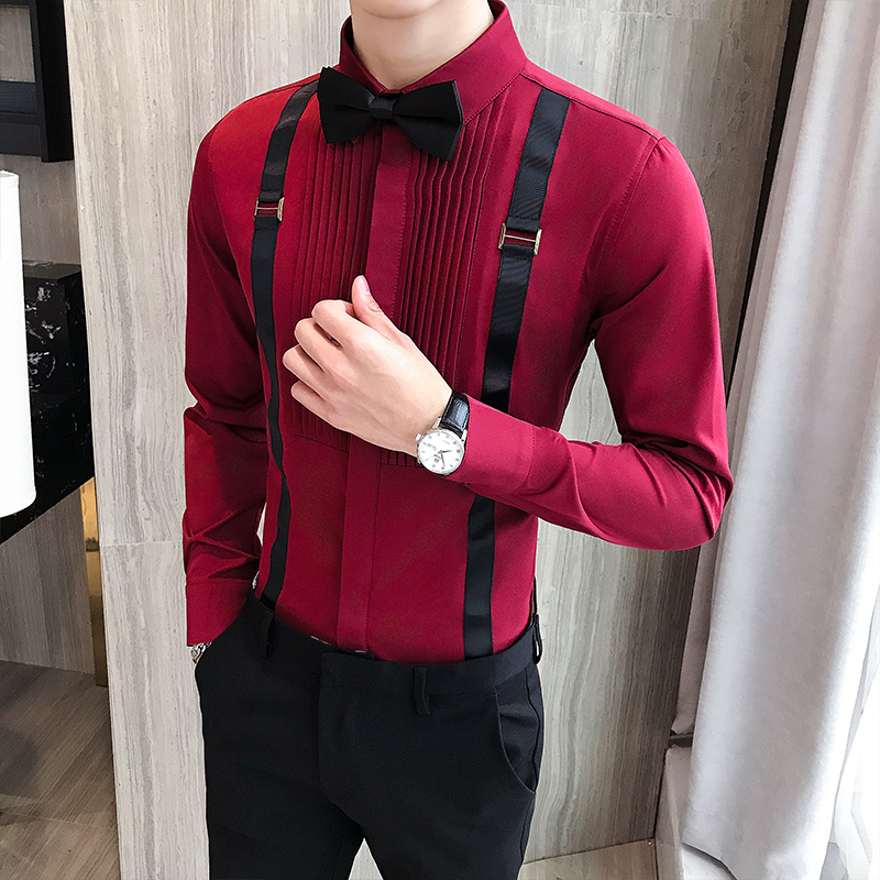 Men's Tuxedo Shirt and Bow-tie Chest Pleated Strap Long Sleeve Slim Fit Prom Dress Blouse Black Red White Man Wedding Social Tops