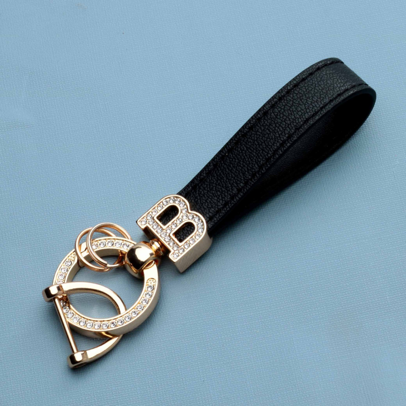 Classic Design Colorful Leather Keychain Car Key Gold Initial B Buckle Handbag Decorate Pendant Diamond Keyrings for Gift