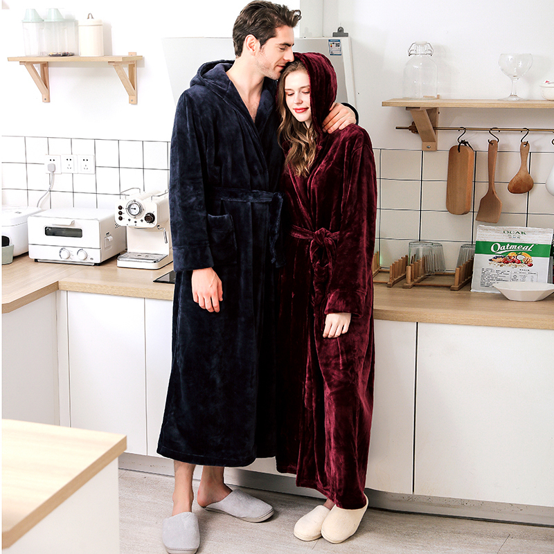 Men Plus Size Winter Long Warm Coral Fleece Bathrobe 40-120KG Hooded Kimono Flannel Cozy Bath Robe Dressing Gown Women Sleepwear 201109