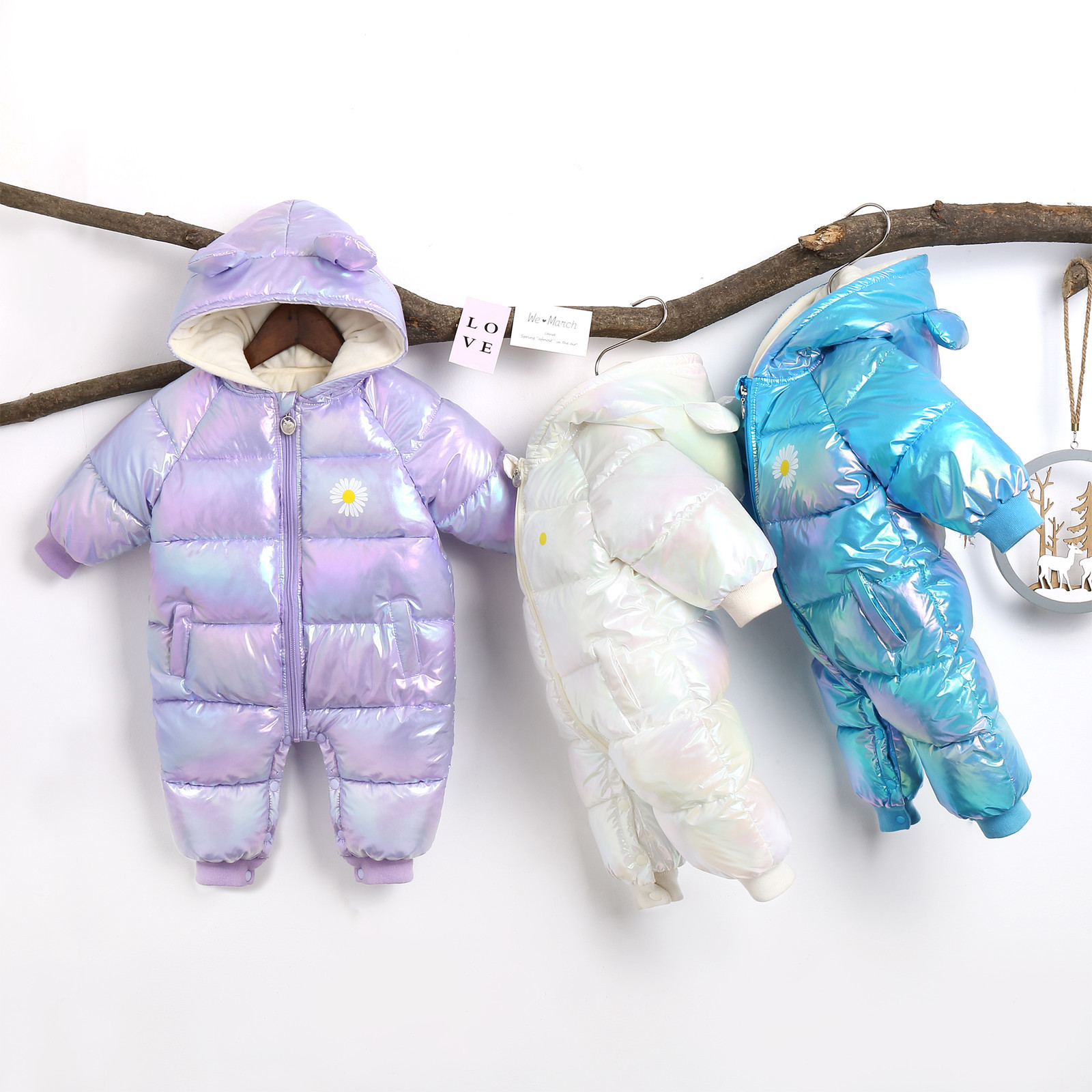 OLEKID Plus Velvet Shiny Baby Winter Rompers Cartoon Hooded Waterproof Newborn Baby Girls Snowsuit Toddler Boys Jumpsuits 201027