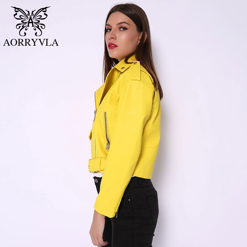 AORRYVLA Faux Leather Moto Women's Leather Jackets Yellow Ladies Leather Jacket Asymmetrical Faux-Leather Jacket Spring 201226