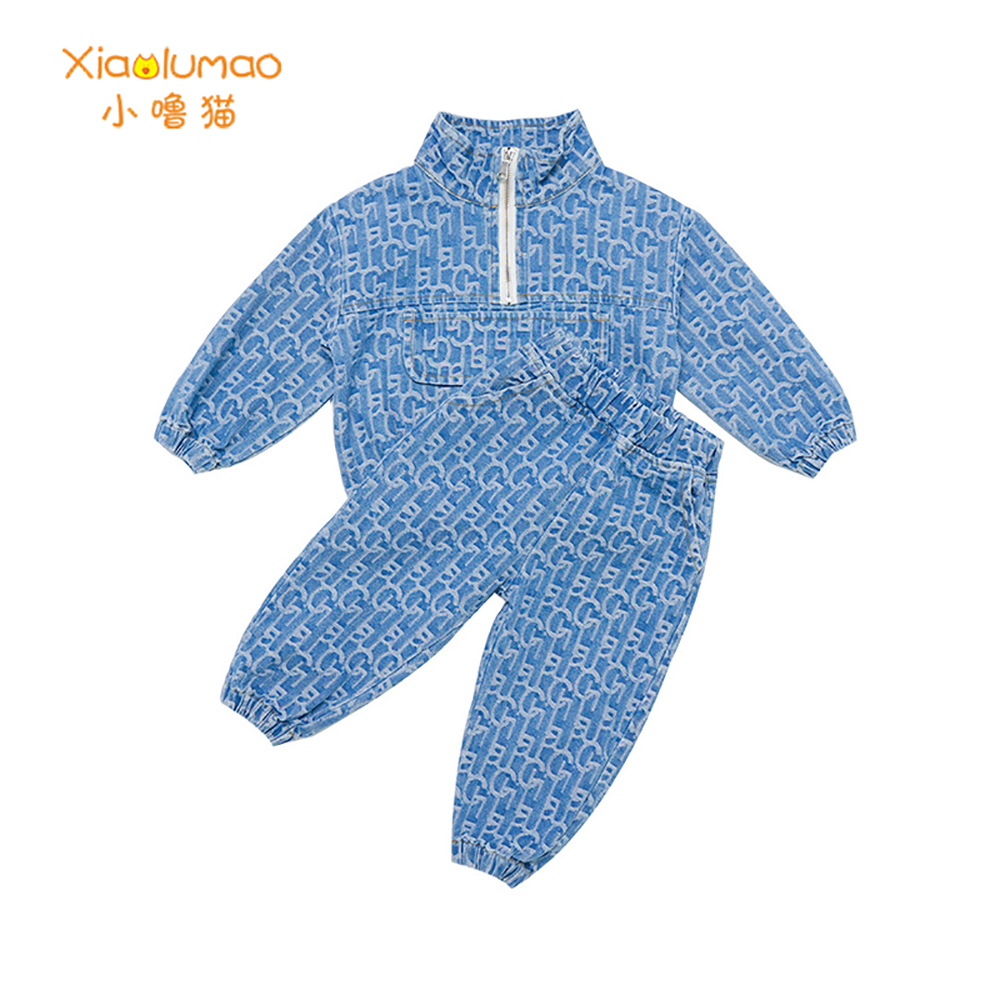 Kids Clothes Girls 2Pcs Jeans Suit Fashion Half Zipper&Packet Blue Letter Print Baby Set Long Sleeve Children's Costumes 3 To 8X1019