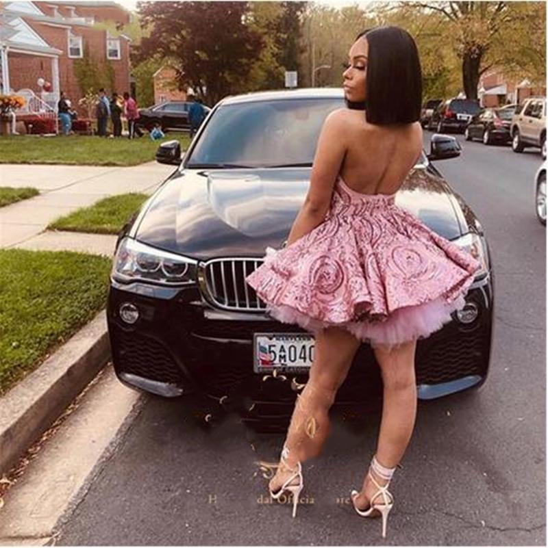 Glitter Rose Pink Sequined Homecoming Dresses Halter Backless Short A Line Cocktail Party Gowns Mini Prom Dress For African Women Girls