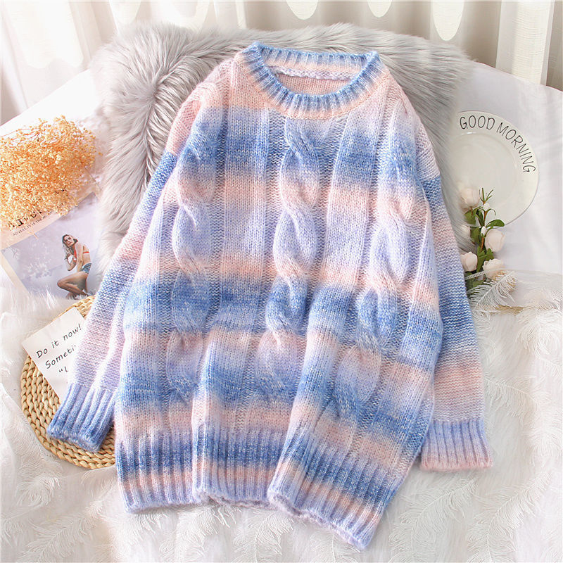 Autumn Winter Women Rainbow Sweaters Tie Dye Pullover O-Neck Long Loose Striped Korean Jumpers Candy Color Oversized Female Tops 201123