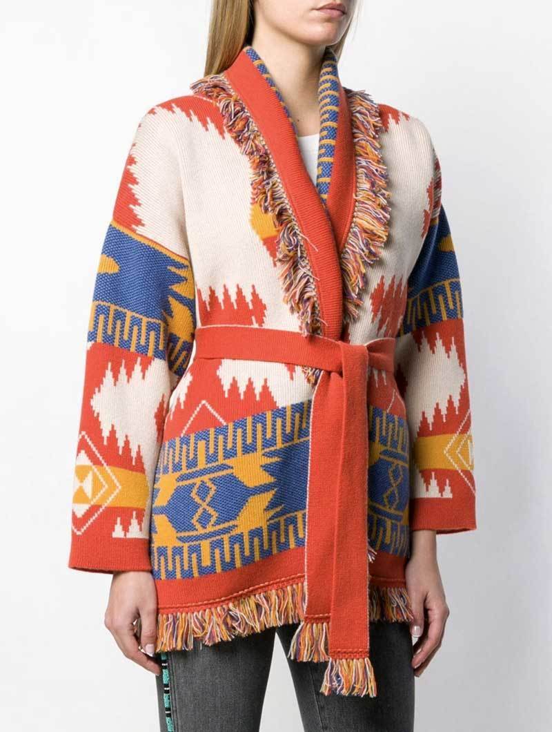 Boho Inspired Cashmere jacquard cardigan for women fringed trims long sleeve cardigan sweater coat winter belted sweater women 201017