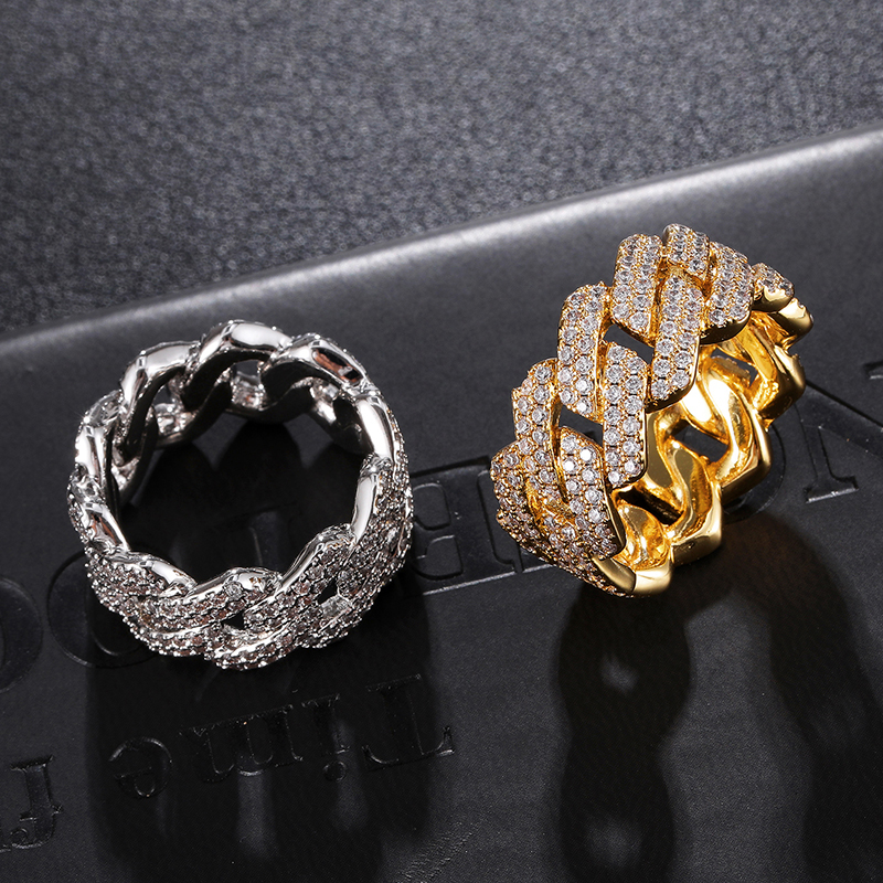 Hip Hop Iced Out Bling Charm Cuban Prong Ring Mens Gold Color Cubic Zirconia Ring For Men Women Jewelry Y0122