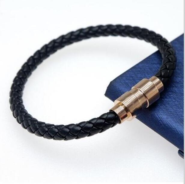 Promotion Men Magnetic Buckle Black Leather Braid charm Bracelet Fashion Jewelry Silver Wholesale price Bracelets For Men Gift ( No Box )