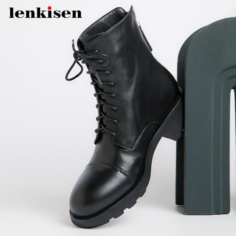 Lenkisen new motorcycle boots genuine leather cross-tied round toe thick med heel zipper handsome coolest maiden ankle boots L381, Black
Lenkisen new motorcycle boots genuine leather cross-tied round toe thick med heel zipper handsome coolest maiden ankle boots L381, Black