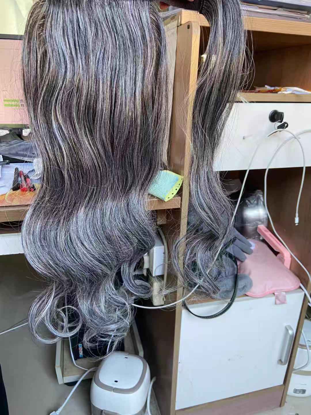 Slaying the wavy gray human hair ponytail hairpiece extension salt and pepper natural grey drawstring wraps around clips pony tail hair piece 120g 140