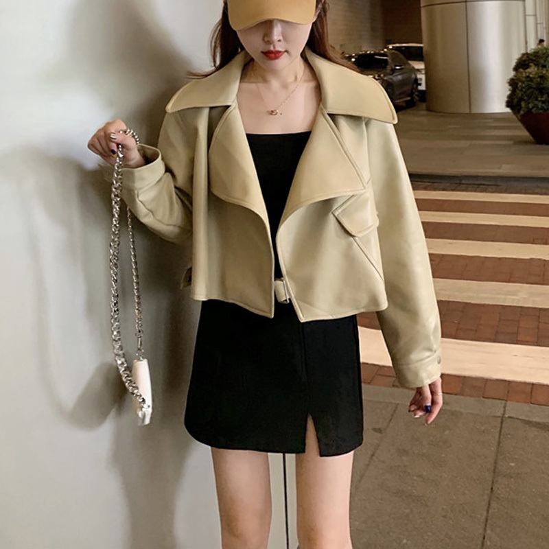 Women Outwear Jacket Pocket Beige Black Pu Faux Leather Notch Collar Moto Mobike Solid C0258 201030