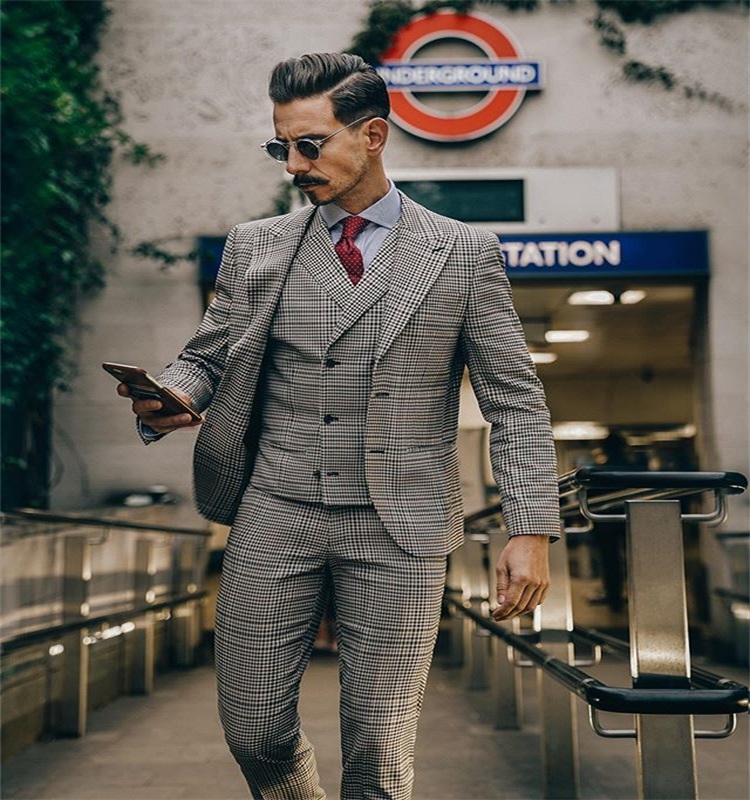 3-piece Mens Suits Damier Check Groom Tuxedos Handsome Lapel Slim Fit Bridegroom Formal Wear Best Mens Suit For Weddings (Jacket+Pants+Vest)