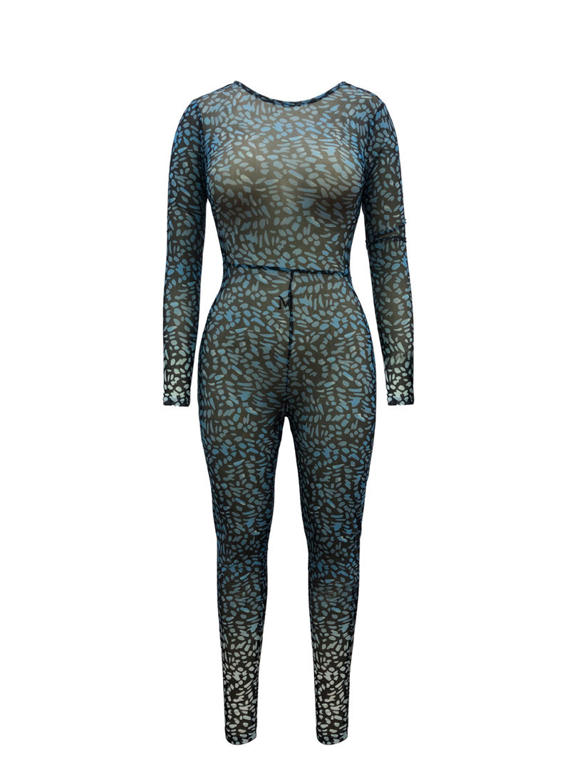 ANJAMANOR Blue Print Mesh Open Back Loong Sleeve Bodycon Jumpsuit One Piece Romper Women Sexy Costume Club Fall Outfits D37-AC25 201007