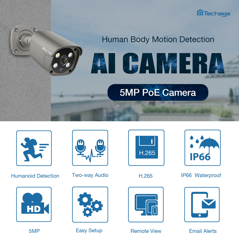 Techage H.265 5MP IP Camera POE Two Way Audio Onvif Ai Human Detection Video Camera Outdoor Waterproof 48V POE 12V for option
Techage H.265 5MP IP Camera POE Two Way Audio Onvif Ai Human Detection Video Camera Outdoor Waterproof 48V POE 12V for option