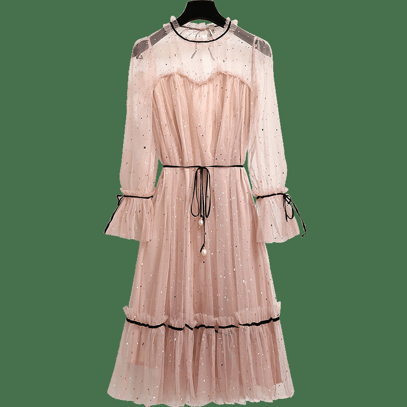 Young Gee Women Summer Autumn Bling Stars Sequins Mesh Dress NEW Ruffles Lace Female Flare Sleeve Loose Vintage Dresses vestidos T200320