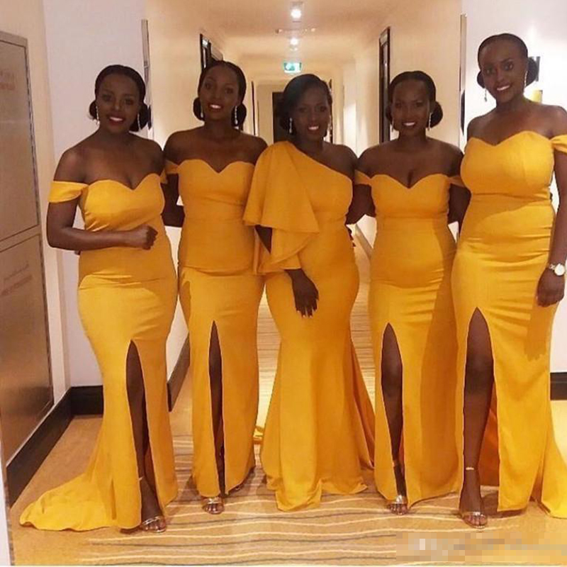 Yellow Bridesmaid Dresses Mermaid Side Slit Off The One Shoulder Custom Made Plus Size Maid Of Honor Gown African Wedding Party
