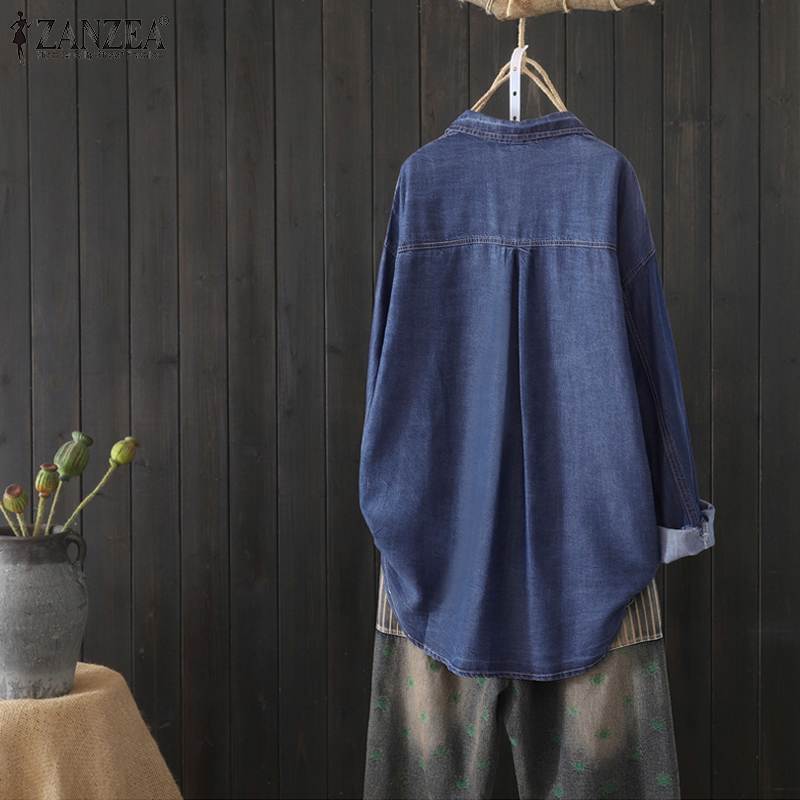 Women Tops and Blouses Ladies Office Work Shirts Casual Loose Long Sleeve Denim Blue Tops Lapel Tunic Blusas Plus Size T200321