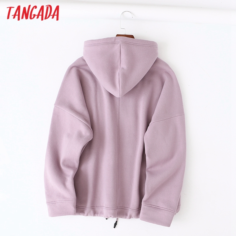 Tangada autumn winter women lavender cotton fleece hoodie sweatshirts ladies oversized pullovers pocket hooded tops SD62 201008