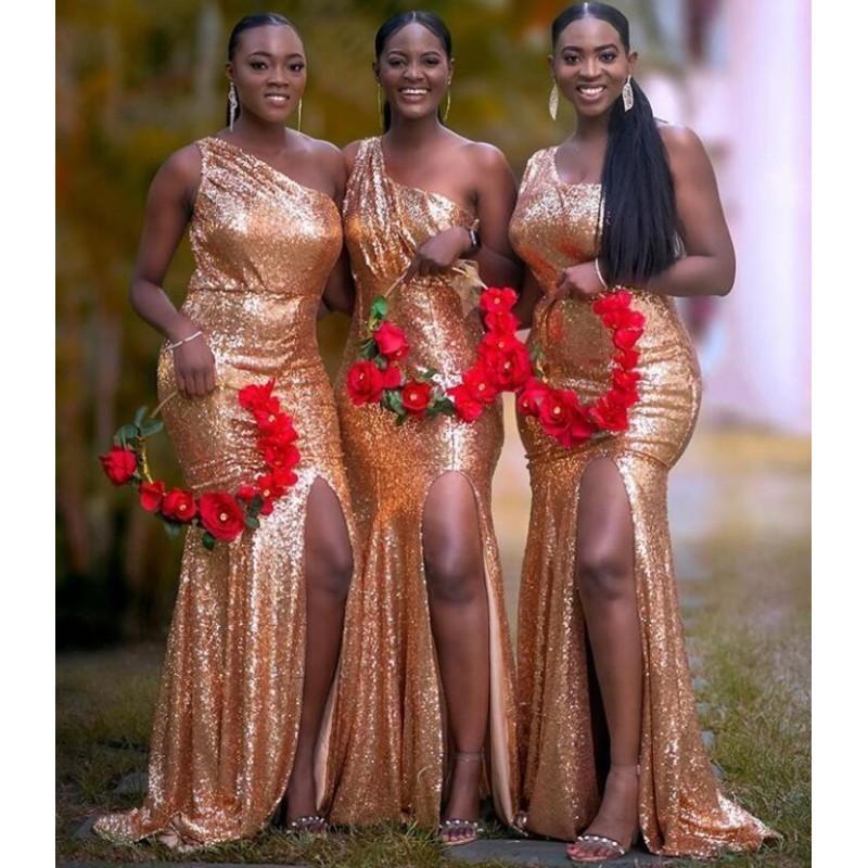 New Gold Sequined Lacce Mermaid Long Bridesmaid Dresses One Shoulder Sequins Custom Plus Size Split Wedding Guest Gowns Maid Of Honor Dress 403