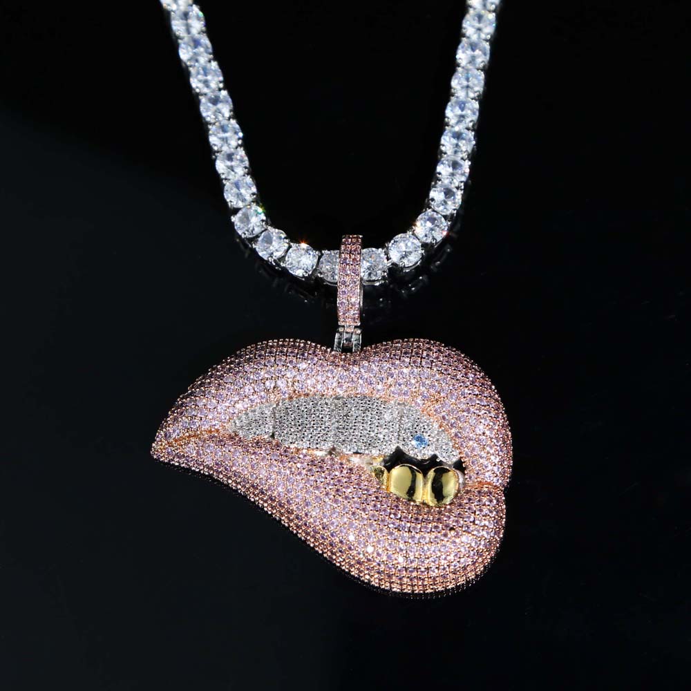 2021 Hiphop Iced Out Bling Clear Pink 5A Cubic Zirconia Big Drip Lip Pendant Necklace for Women Fashion Party Jewelry Wholesale